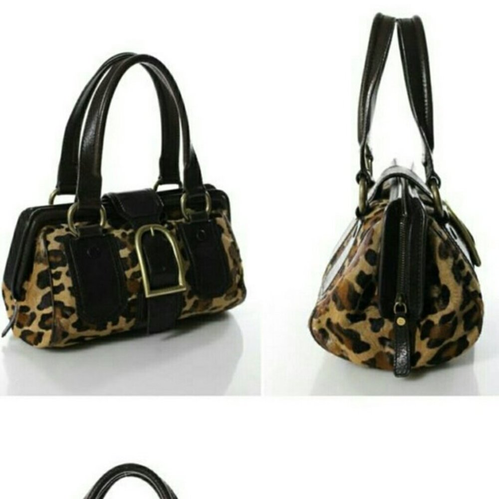 Ella Leopard Brown Beige Leather Pony Brass Satche - Picture 3 of 5